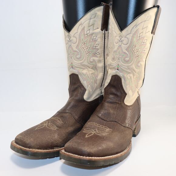 Double H DH3613 Western Cowboy Boots Brown & Tan Leather 8.5D Made in Mexico - Picture 2 of 6